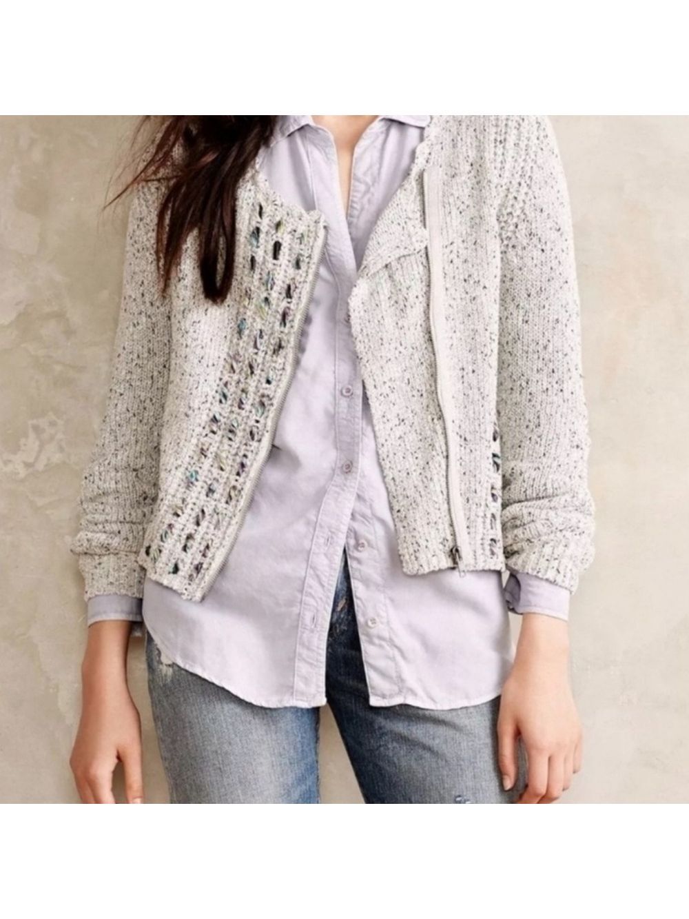 Anthropologie Gray Knitted Zip Sweater Small